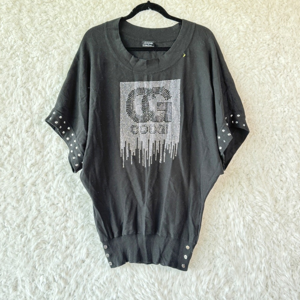 COOGI Black Rhinestone Embellished‎ Dolman Sleeve Tunic Top Womens Medium Y2K